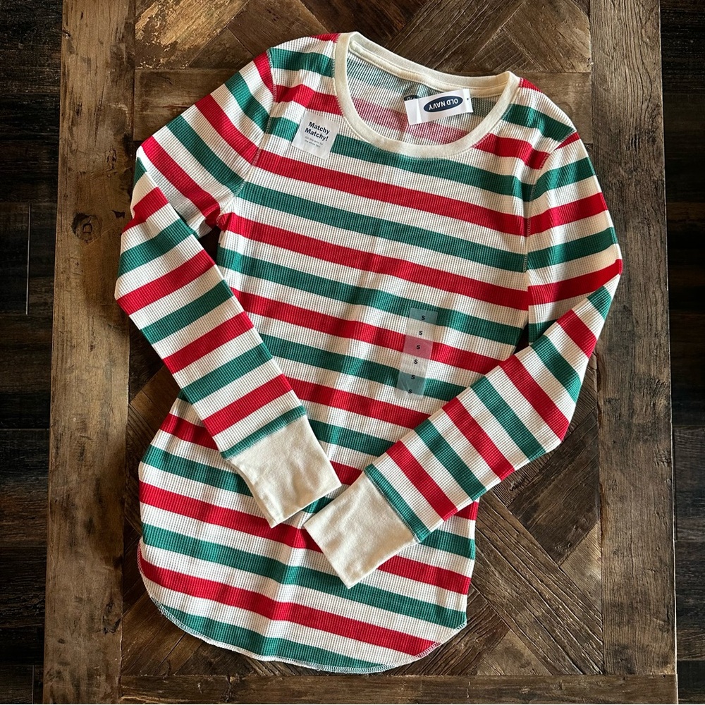 Old Navy Striped Ribbed Thermal Top - Red, Green, Cream